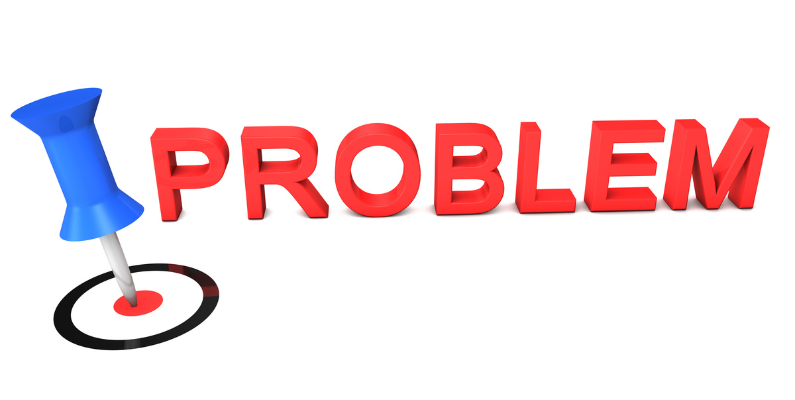 Red pin highlighting the word 'Problem' in bold blue text, symbolizing the identification of issues in ERP organizational change.