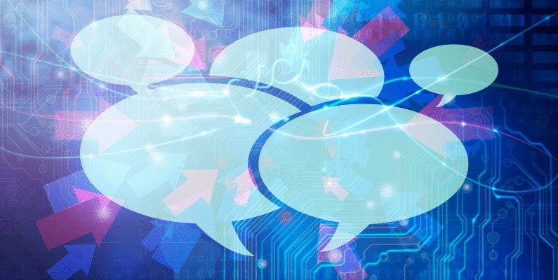image of speech bubbles with colorful tech background