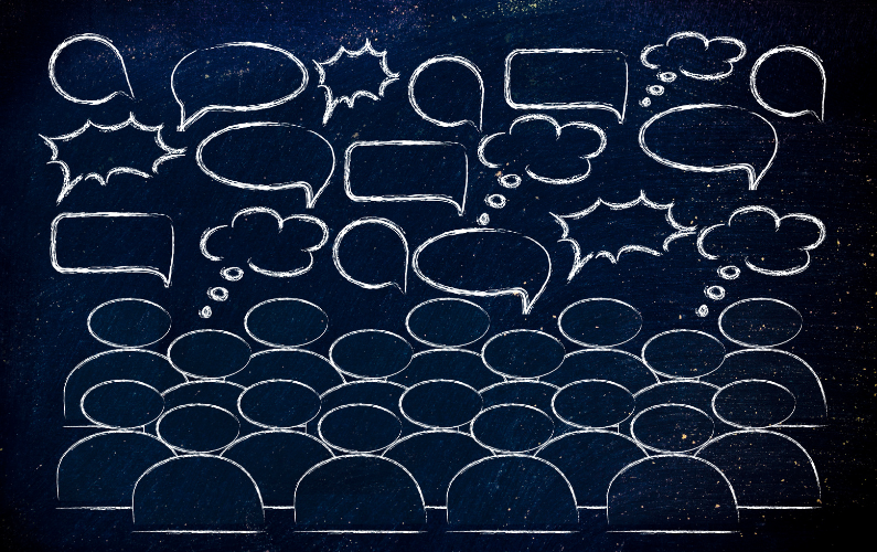 Chalk drawn image of people sitting in a group with speech bubbles and thinking clouds above them 