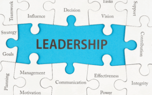image of puzzle pieces with the word leadership and words that reflect leadership traits