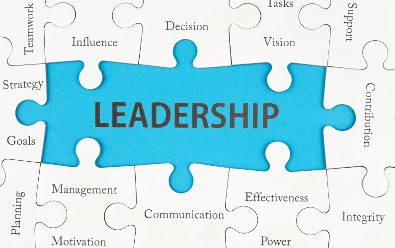 puzzle with the word leadership and a variety of leadership attribute words