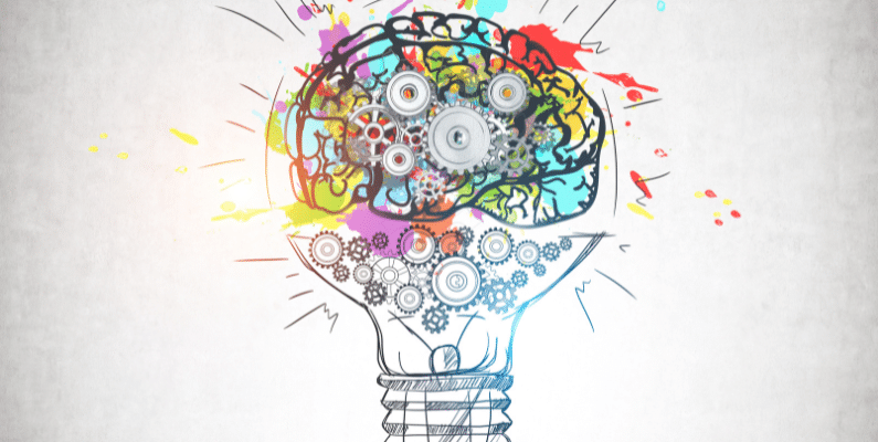 illustration of a thinking brain full of gears and symbols