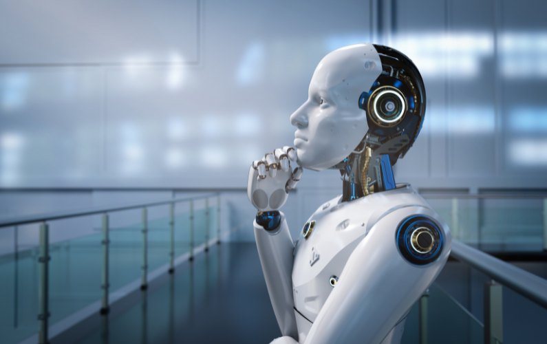 image of a futuristic robot in contemplation, representing the opportunity of a merge of AI into enterprise resource planning