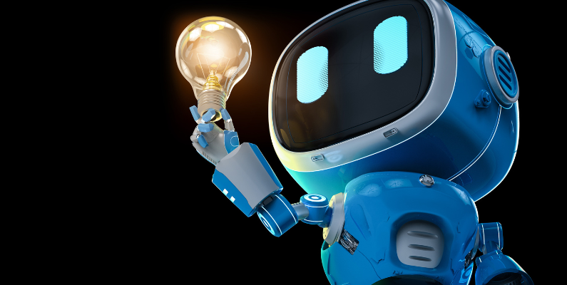 A robot holding a lightbulb up representing Machine Learning in ERP and  Envisioning the Future of Business Performance