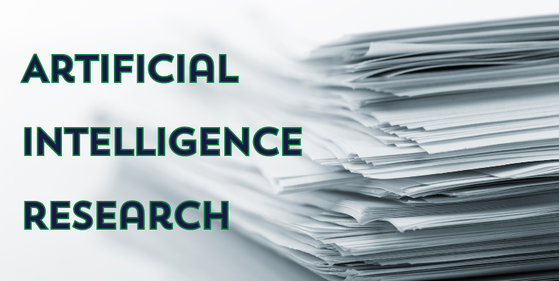 Stack of research papers labeled with big bold words 'Artificial Intelligence Research' symbolizing in-depth studies in AI.