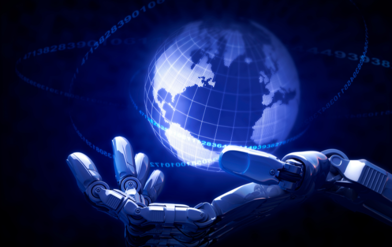 Glowing robot hand holding the Earth representing the future of artificial intelligence